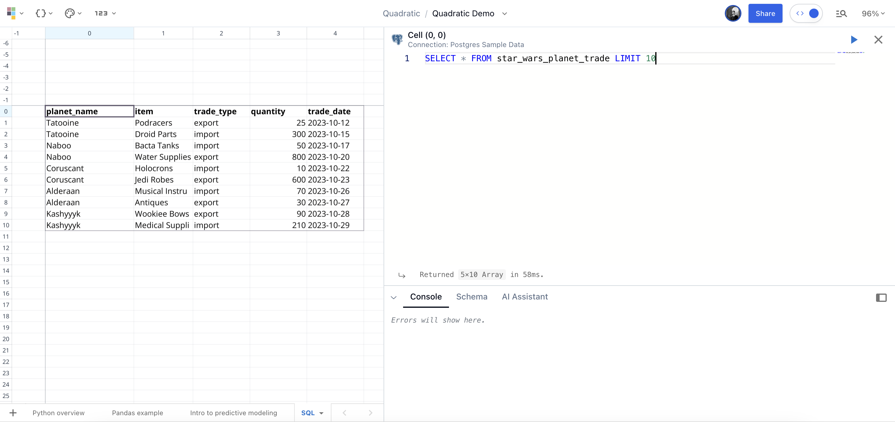 Example of SQL in Quadratic.