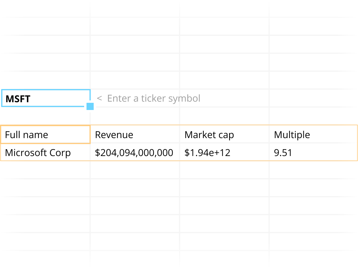 A spreadsheet of cells with a stock ticker as the input and, behind the scenes, code is fetching data related to that stock and drawing it in the cells underneath the ticker symbol.